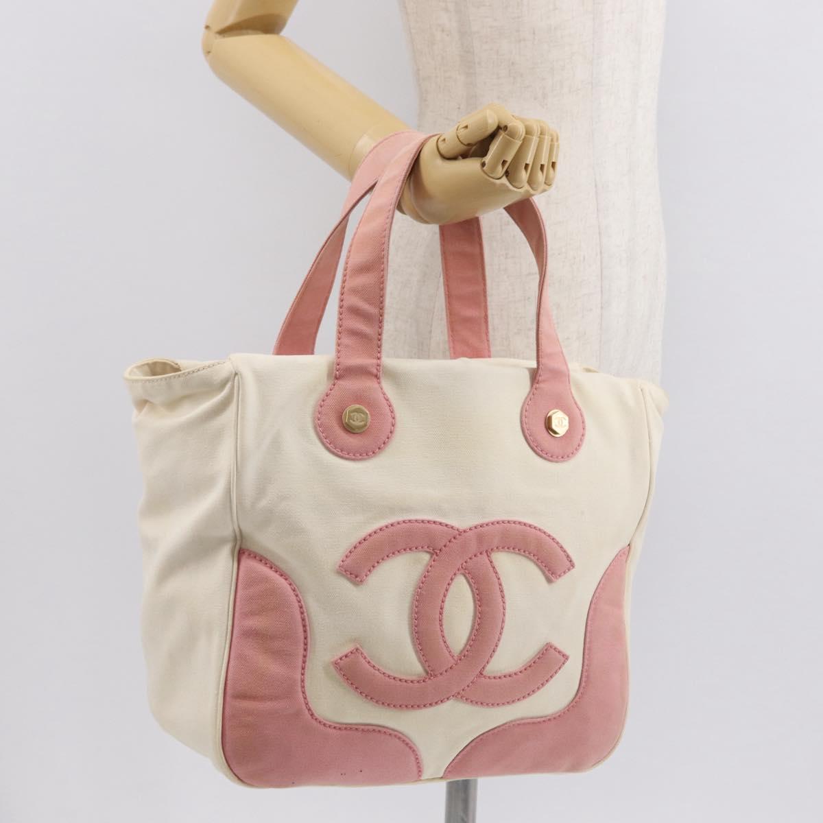 CHANEL Tote Bag Canvas White Gold CC Auth BA9739