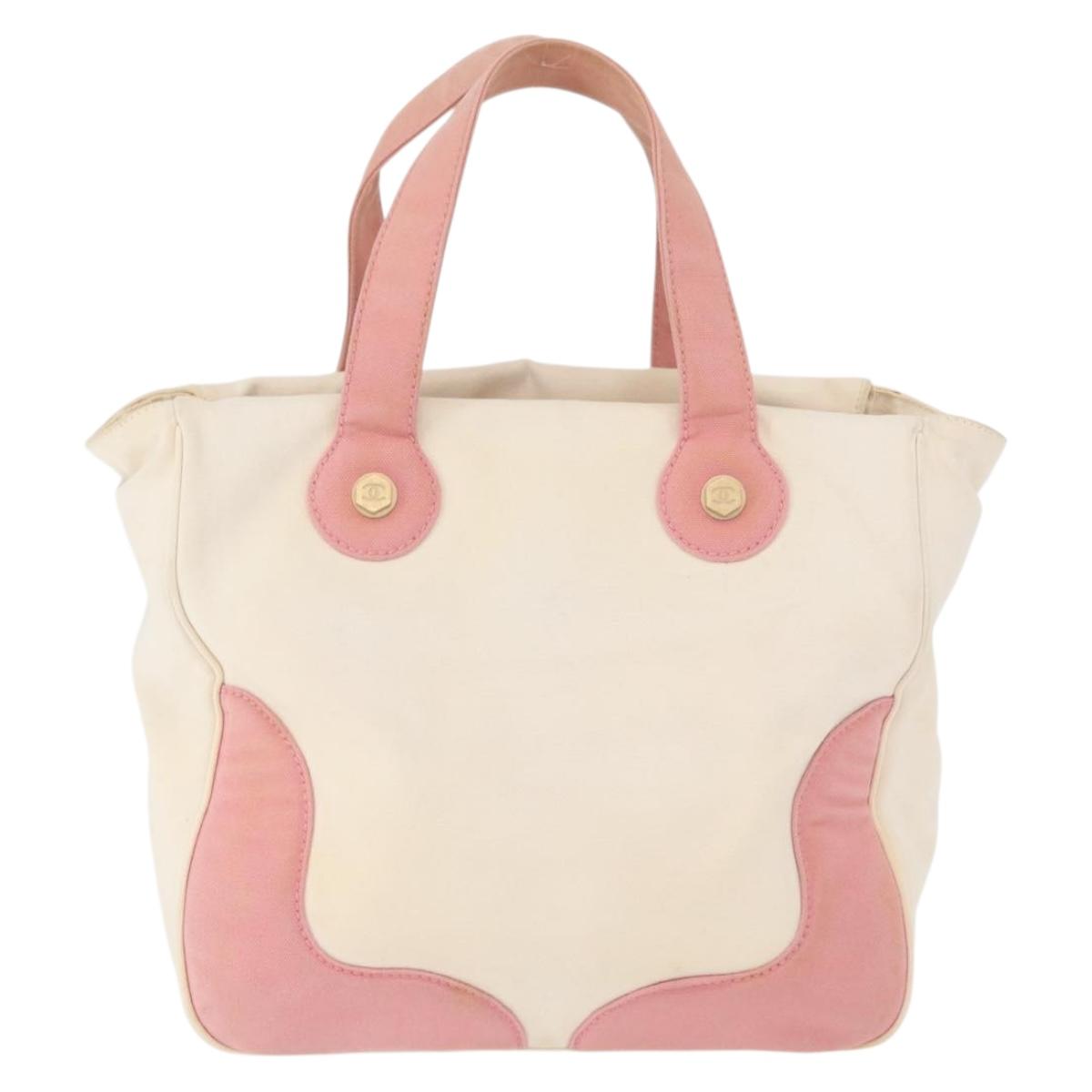 CHANEL Tote Bag Canvas White Gold CC Auth BA9739
