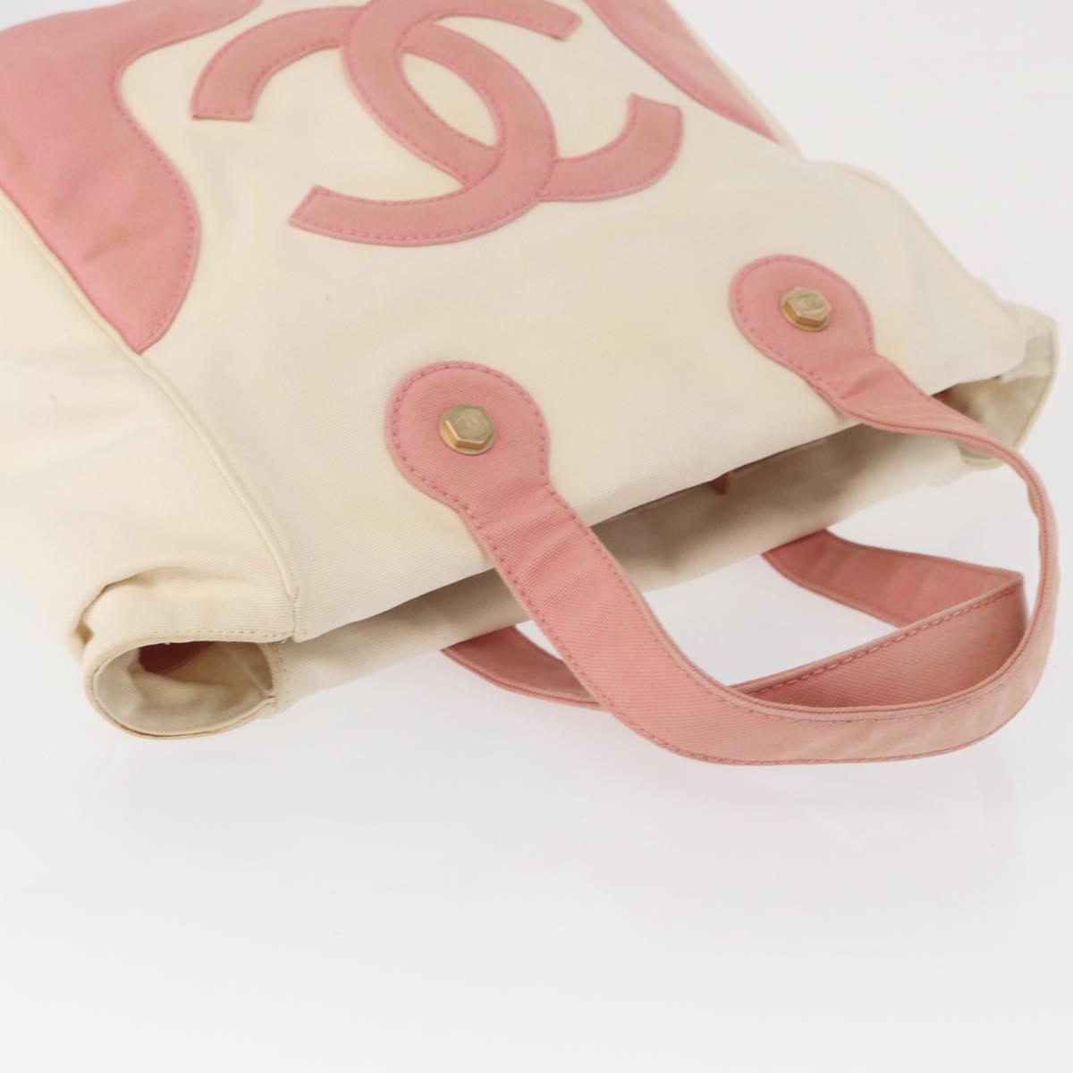 CHANEL Tote Bag Canvas White Gold CC Auth BA9739