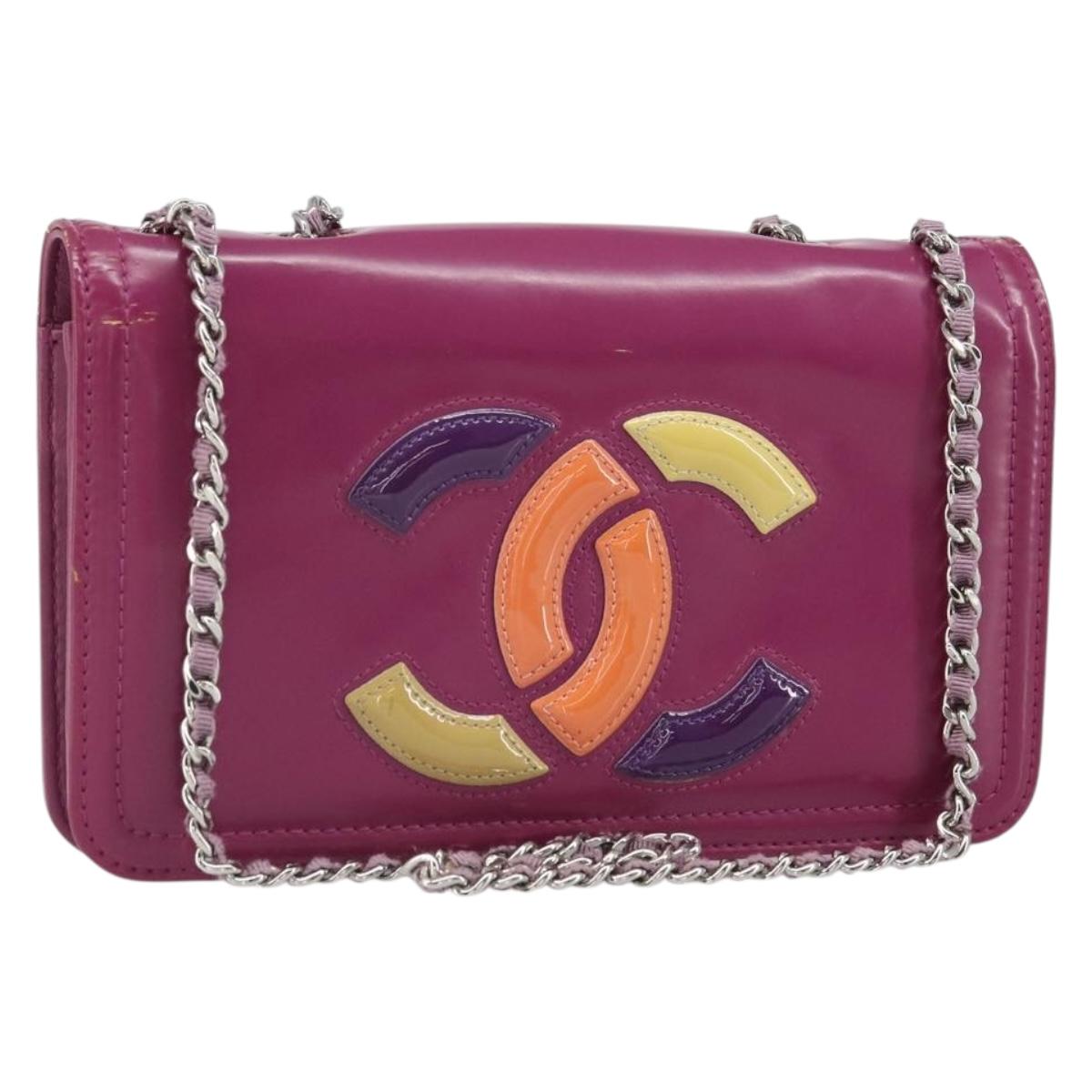 CHANEL Chain Shoulder Bag Patent leather Purple Silver CC Auth BA9741