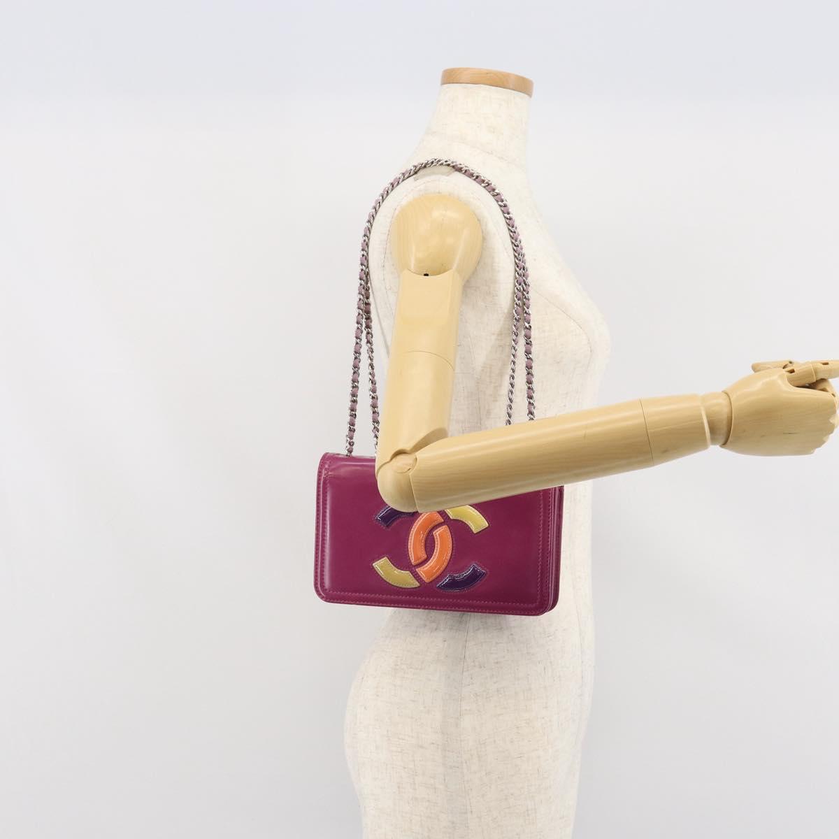 CHANEL Chain Shoulder Bag Patent leather Purple Silver CC Auth BA9741