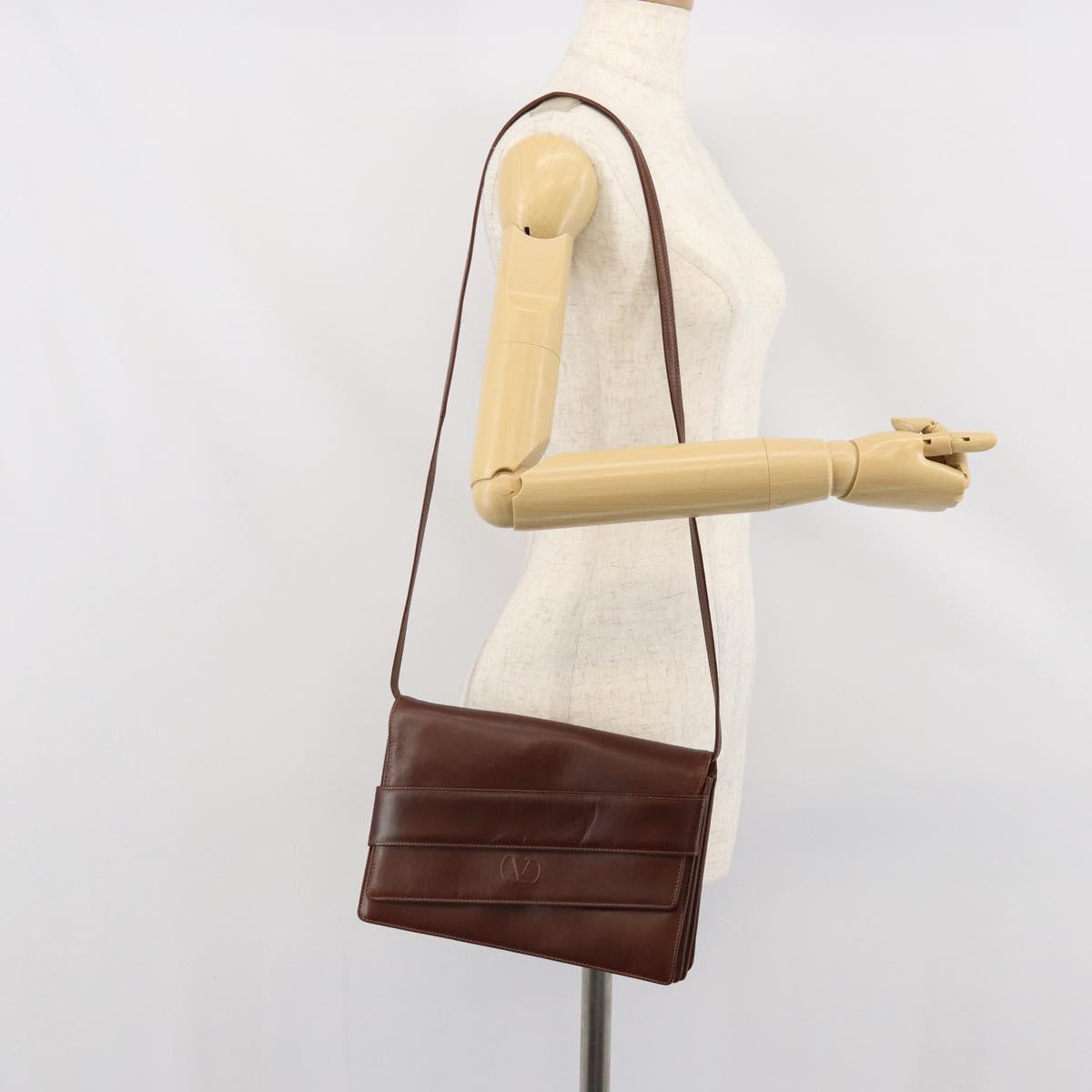 VALENTINO Shoulder Bag Leather Brown Gold Auth BA9760