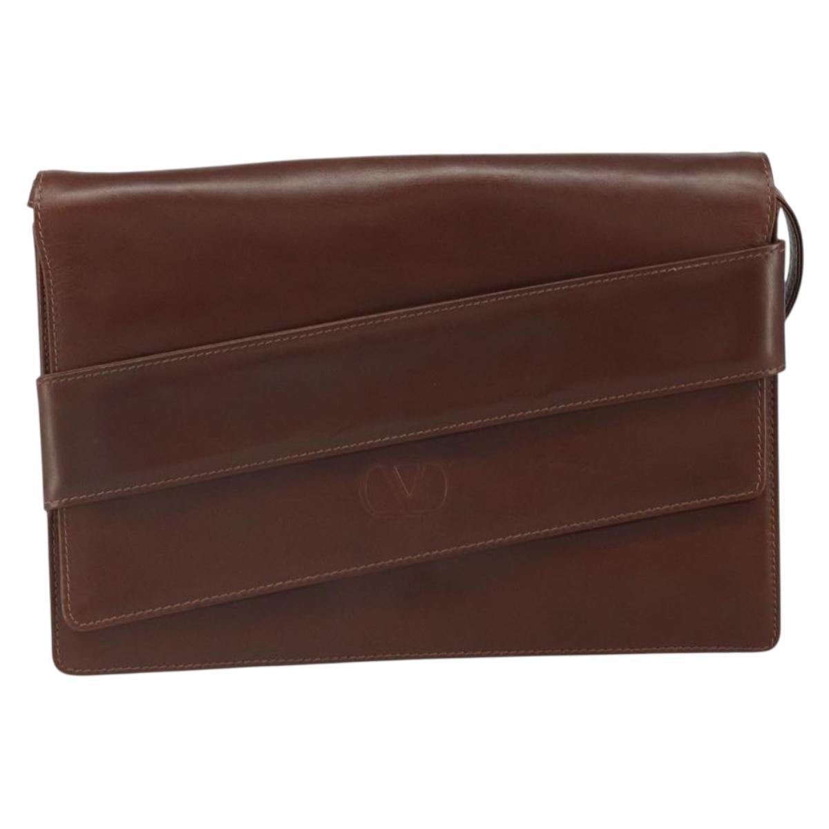 VALENTINO Shoulder Bag Leather Brown Gold Auth BA9760