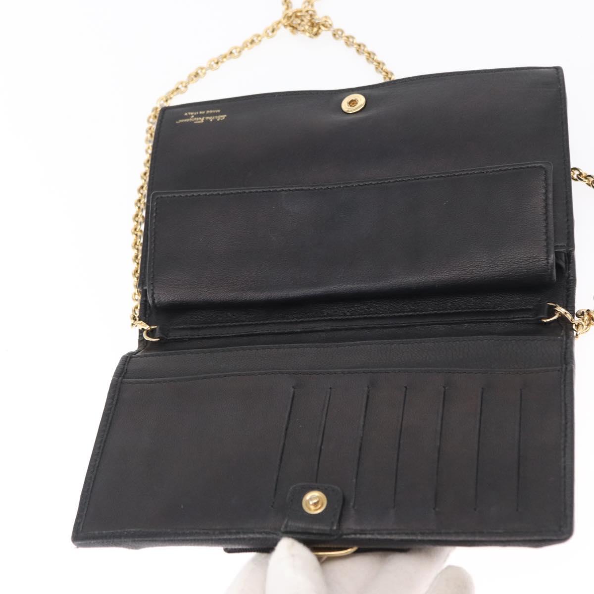 Salvatore Ferragamo Chain Wallet Shoulder Bag Leather Black Gold Auth BA9798