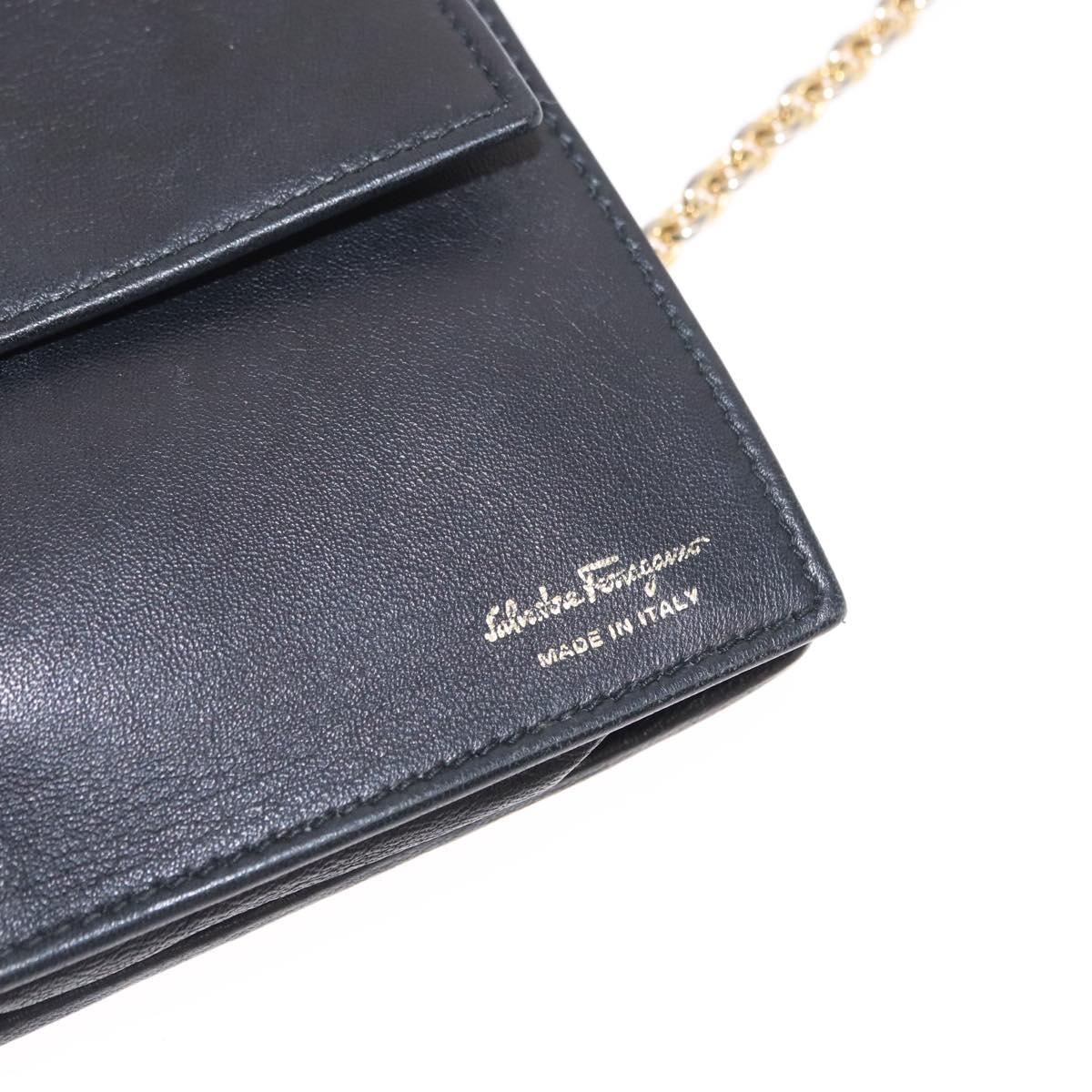 Salvatore Ferragamo Chain Wallet Shoulder Bag Leather Black Gold Auth BA9798