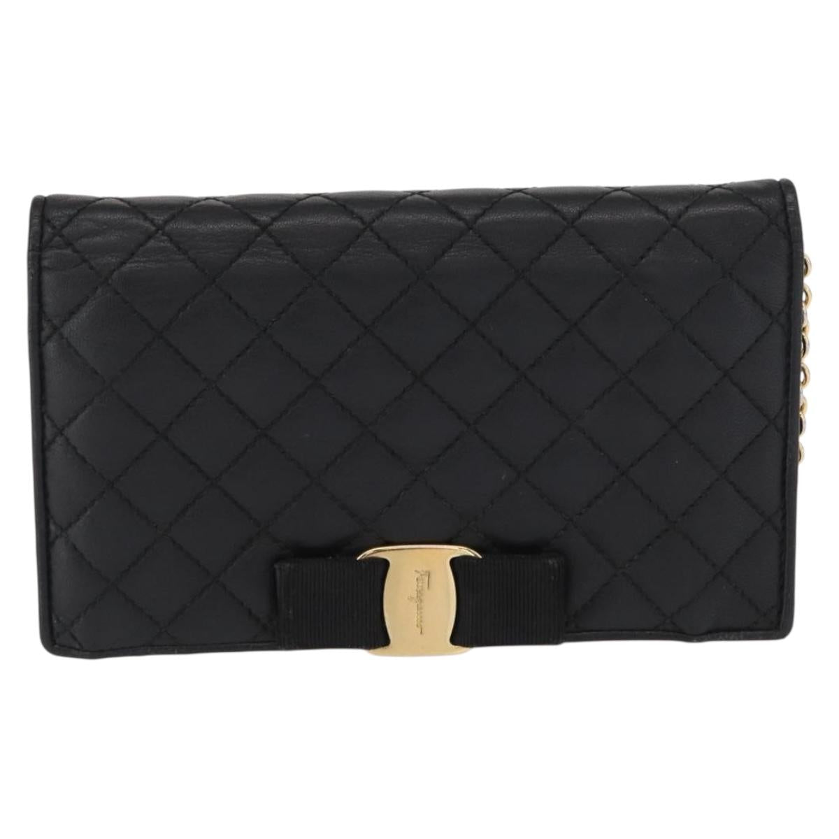 Salvatore Ferragamo Chain Wallet Shoulder Bag Leather Black Gold Auth BA9798