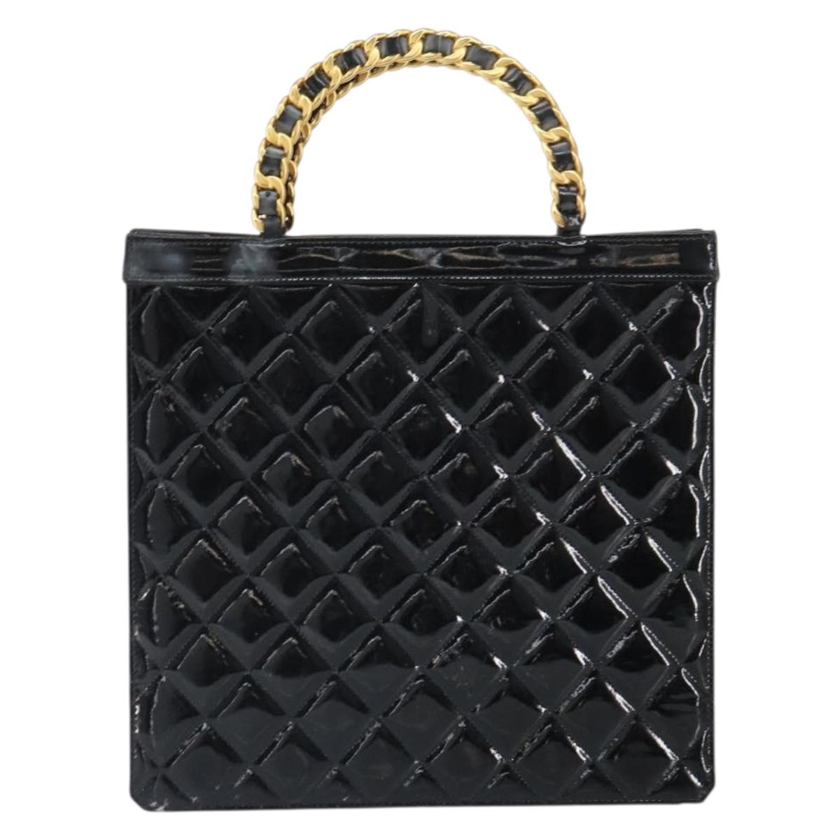 CHANEL Matelasse Hand Bag Patent leather Black Gold CC Auth BA9804