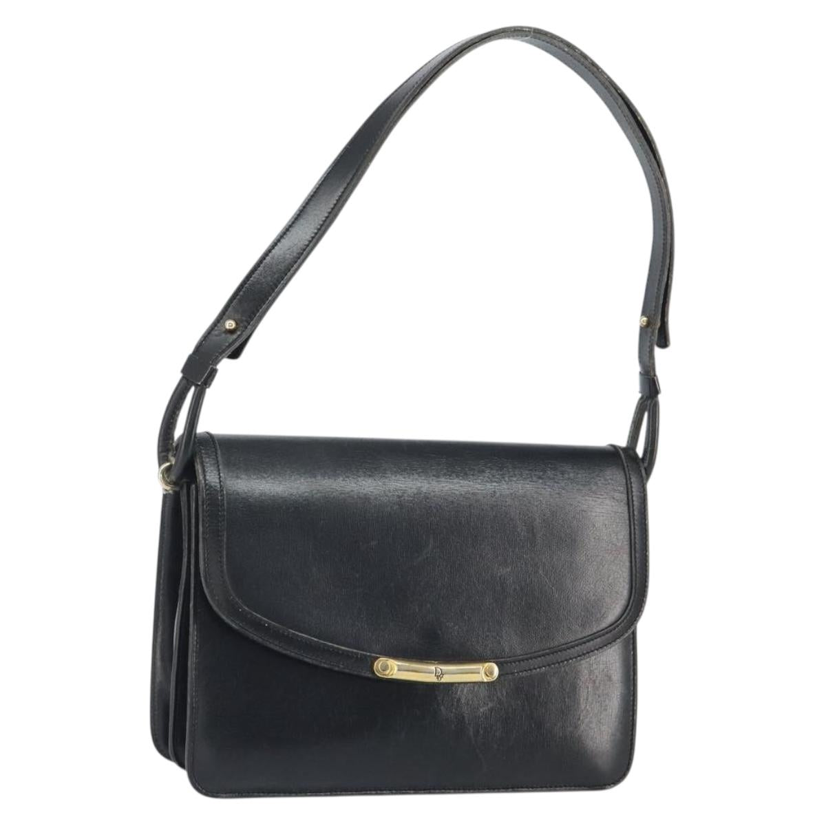 Christian Dior Shoulder Bag Leather Black Gold Auth BA9807