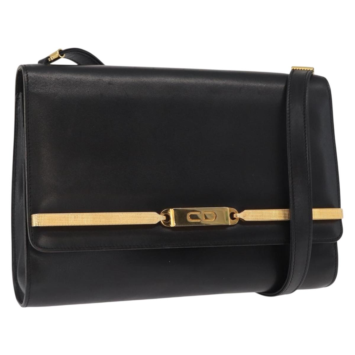 Christian Dior Shoulder Bag Leather Black Gold Auth BA9830