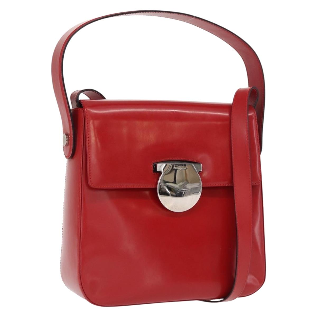 Salvatore Ferragamo Vala Hand Bag Leather Red Gold Auth BA9831