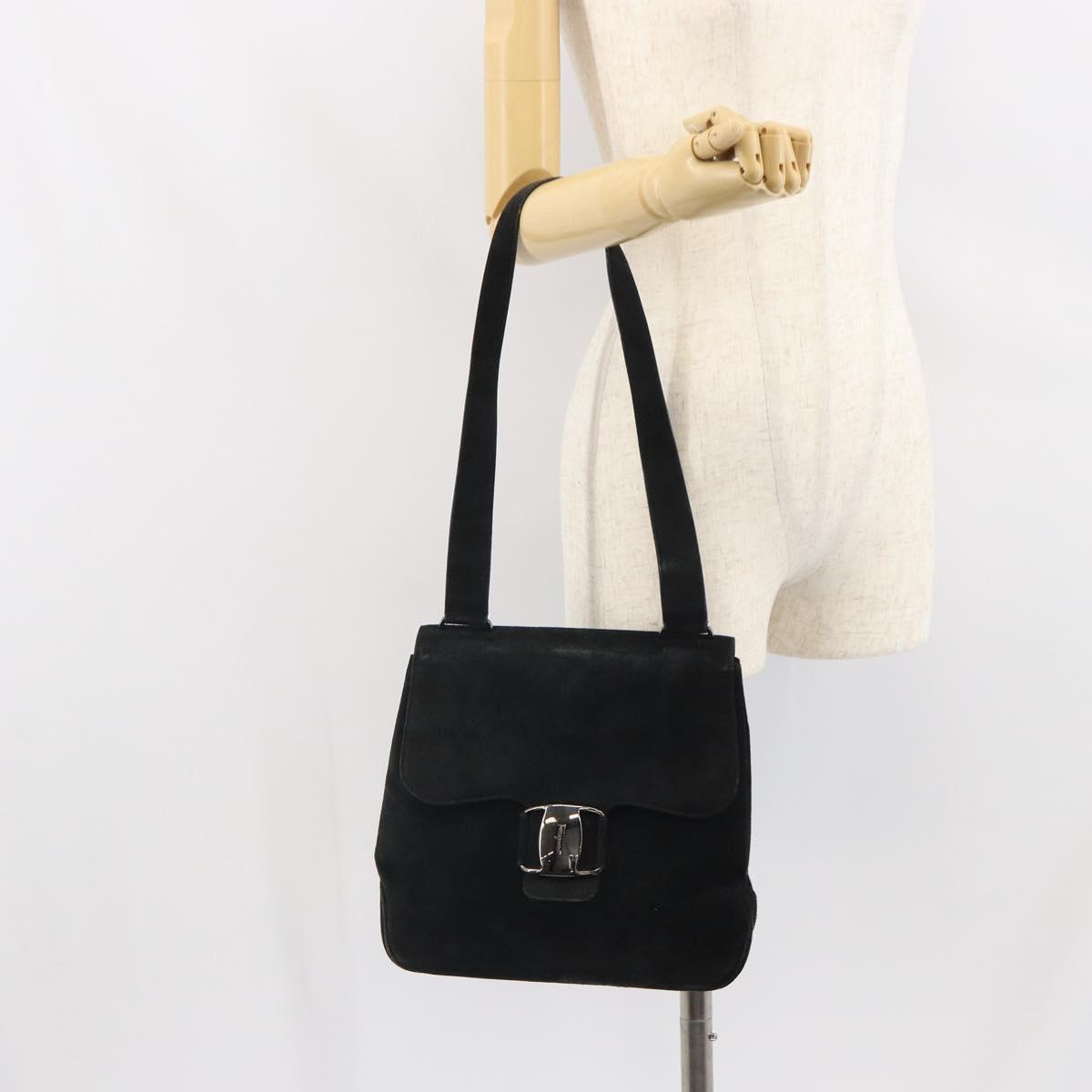 Salvatore Ferragamo Vala Shoulder Bag Suede Black Silver Auth BA9832