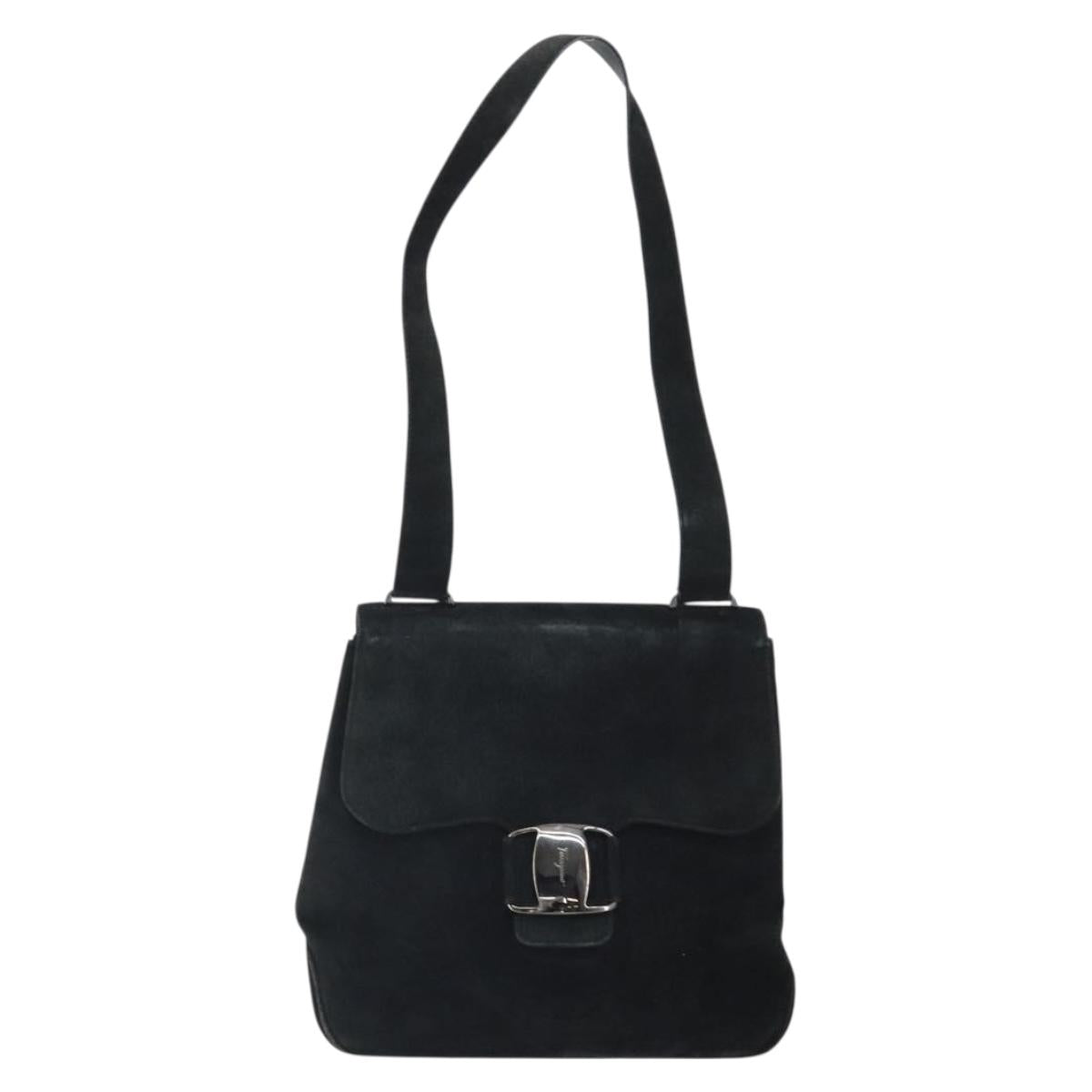 Salvatore Ferragamo Vala Shoulder Bag Suede Black Silver Auth BA9832