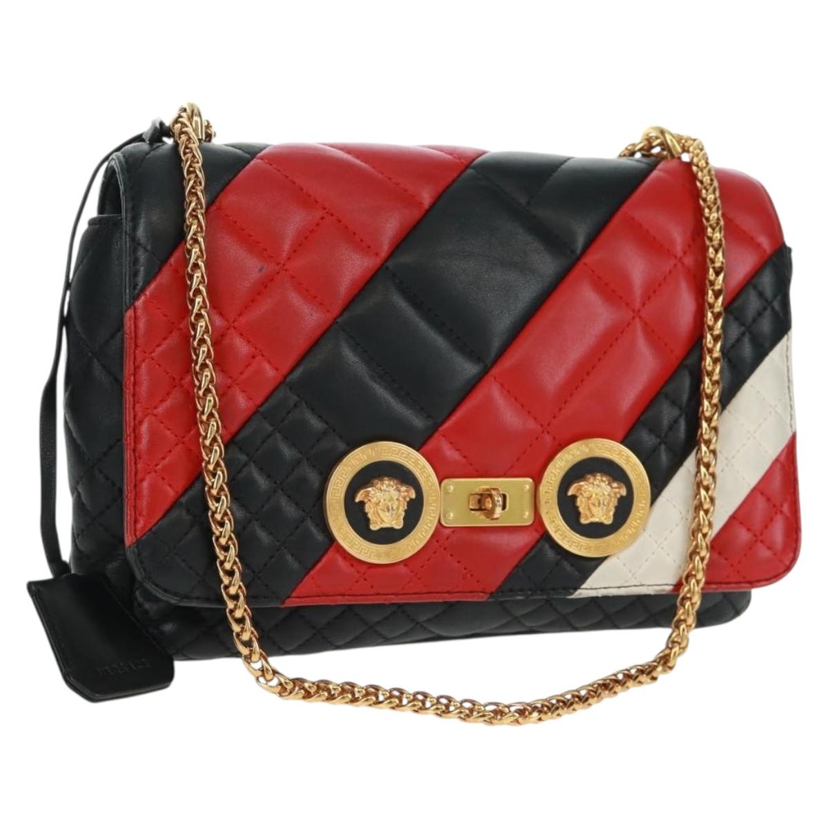 Gianni Versace Chain Shoulder Bag Leather Black Gold Auth BA9863V