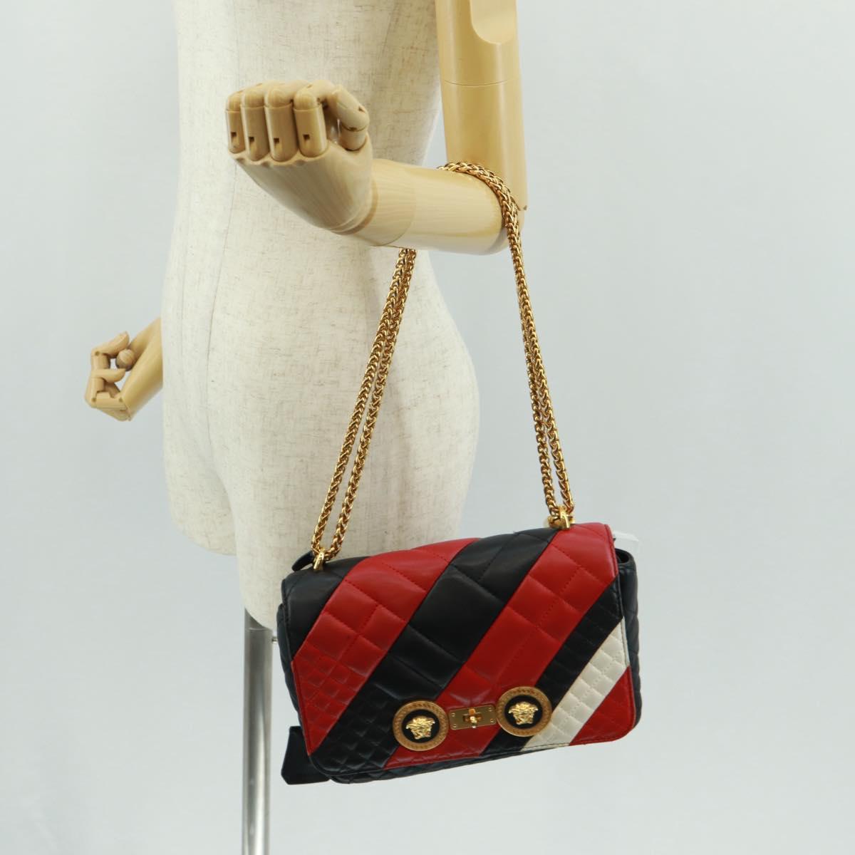Gianni Versace Chain Shoulder Bag Leather Black Gold Auth BA9863V