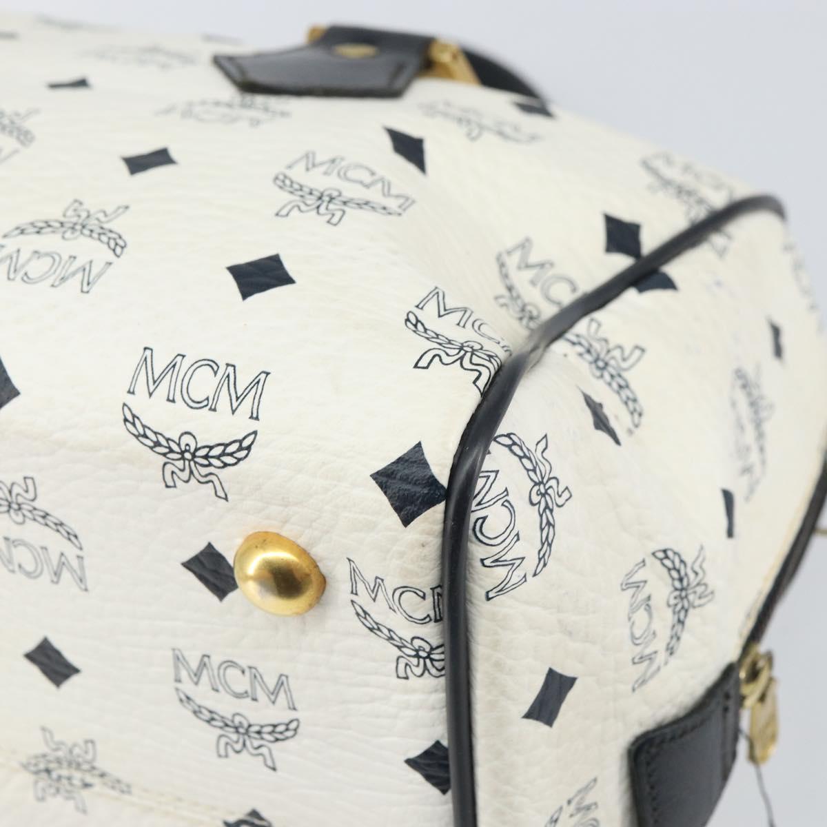 MCM Vicetos Logogram Boston Bag PVC Leather White Gold Auth BA9868