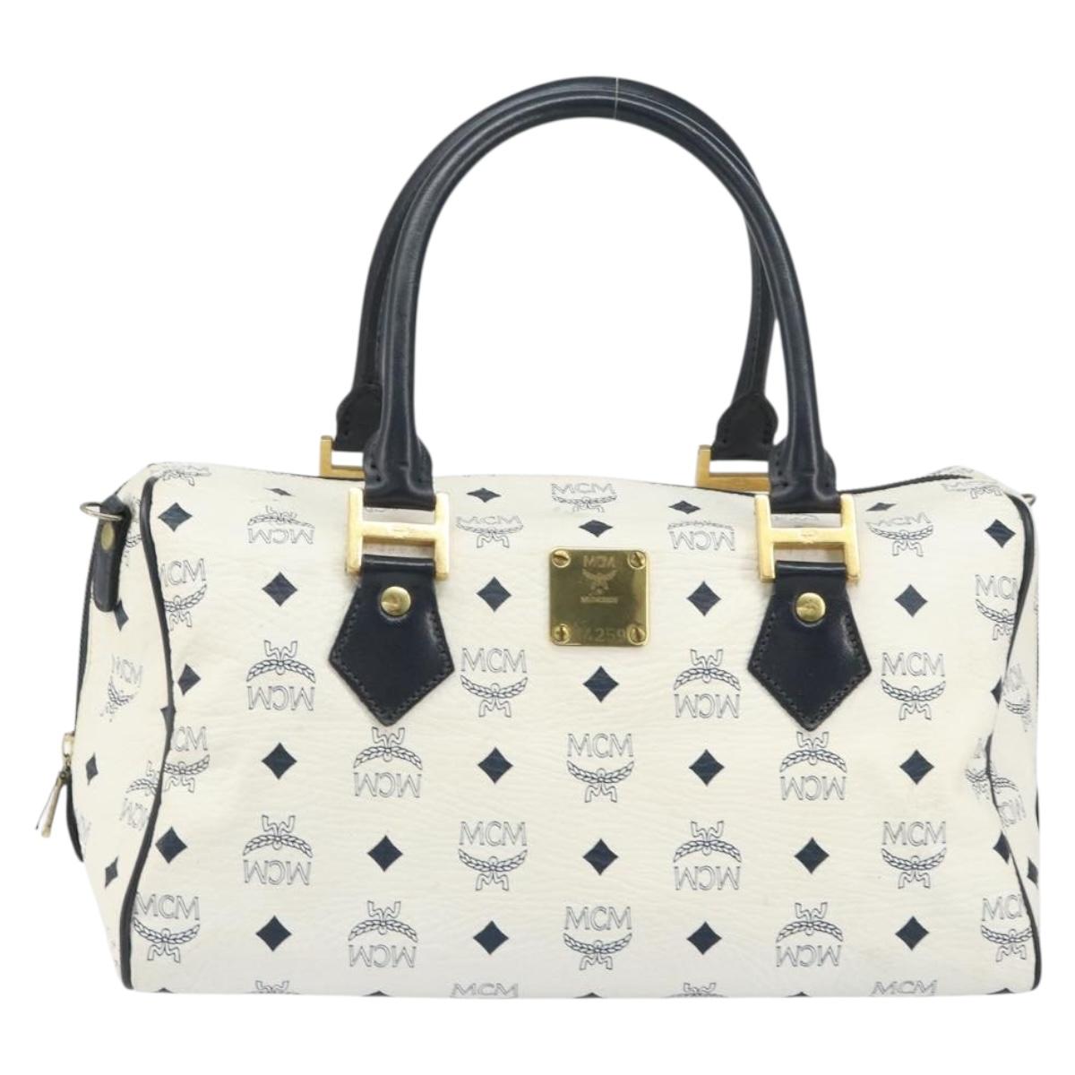 MCM Vicetos Logogram Boston Bag PVC Leather White Gold Auth BA9868