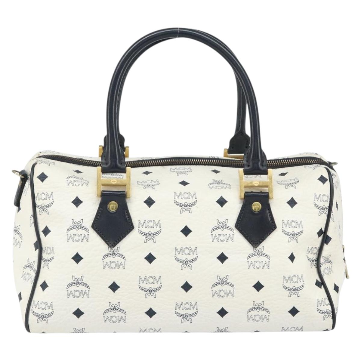 MCM Vicetos Logogram Boston Bag PVC Leather White Gold Auth BA9868
