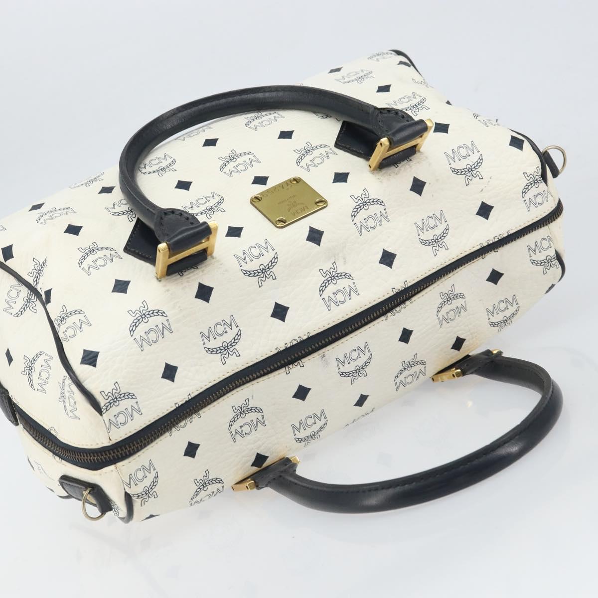 MCM Vicetos Logogram Boston Bag PVC Leather White Gold Auth BA9868