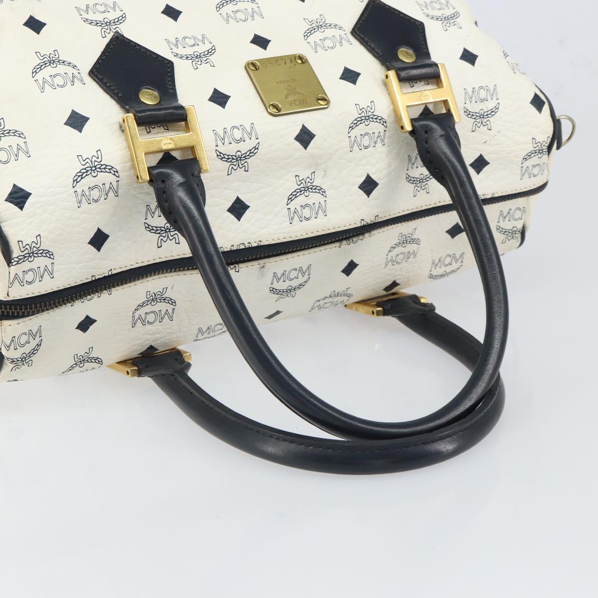 MCM Vicetos Logogram Boston Bag PVC Leather White Gold Auth BA9868