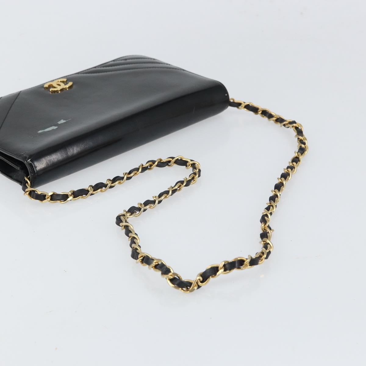 CHANEL Chain Shoulder Bag Patent leather Black Gold CC Auth BA9872