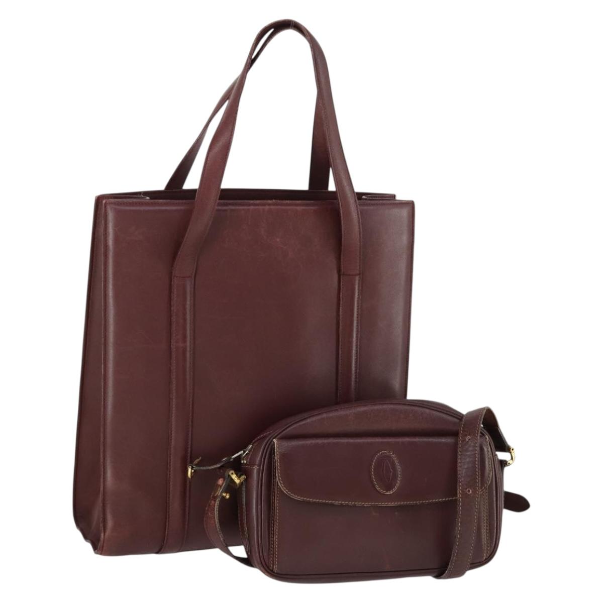 CARTIER Must Line Shoulder Bag Leather 2 Set Bordeaux Gold Auth BA9886