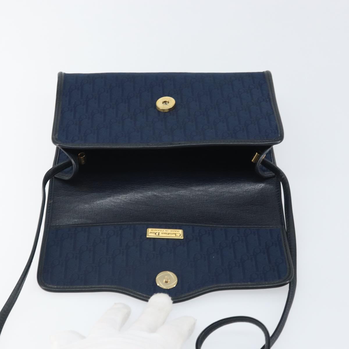 Christian Dior Trotter Canvas Shoulder Bag Navy Gold Auth BA9896V