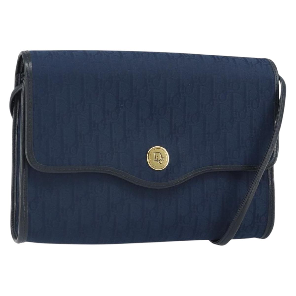 Christian Dior Trotter Canvas Shoulder Bag Navy Gold Auth BA9896V