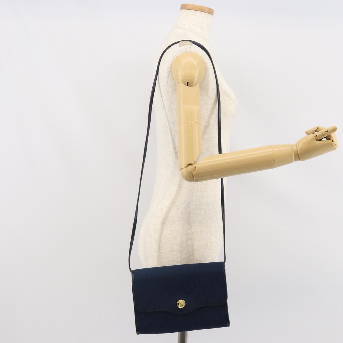 Christian Dior Trotter Canvas Shoulder Bag Navy Gold Auth BA9896V