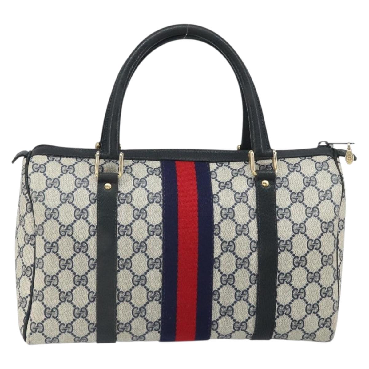 GUCCI GG Supreme Sherry Line Boston Bag PVC Navy Gold 33 013 4133 Auth BA9898