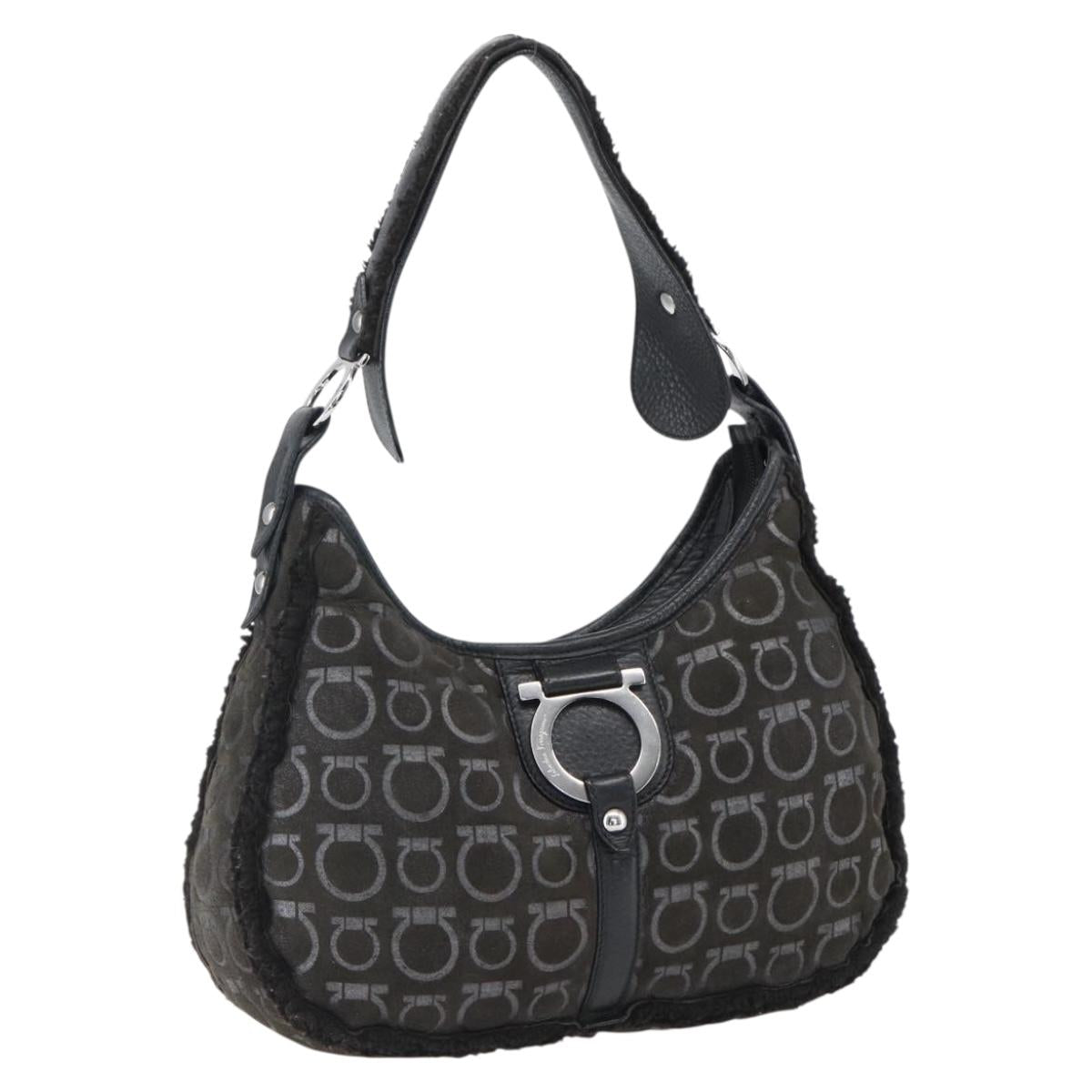 Salvatore Ferragamo Gancini Shoulder Bag cotton Black Silver Auth BA9901V