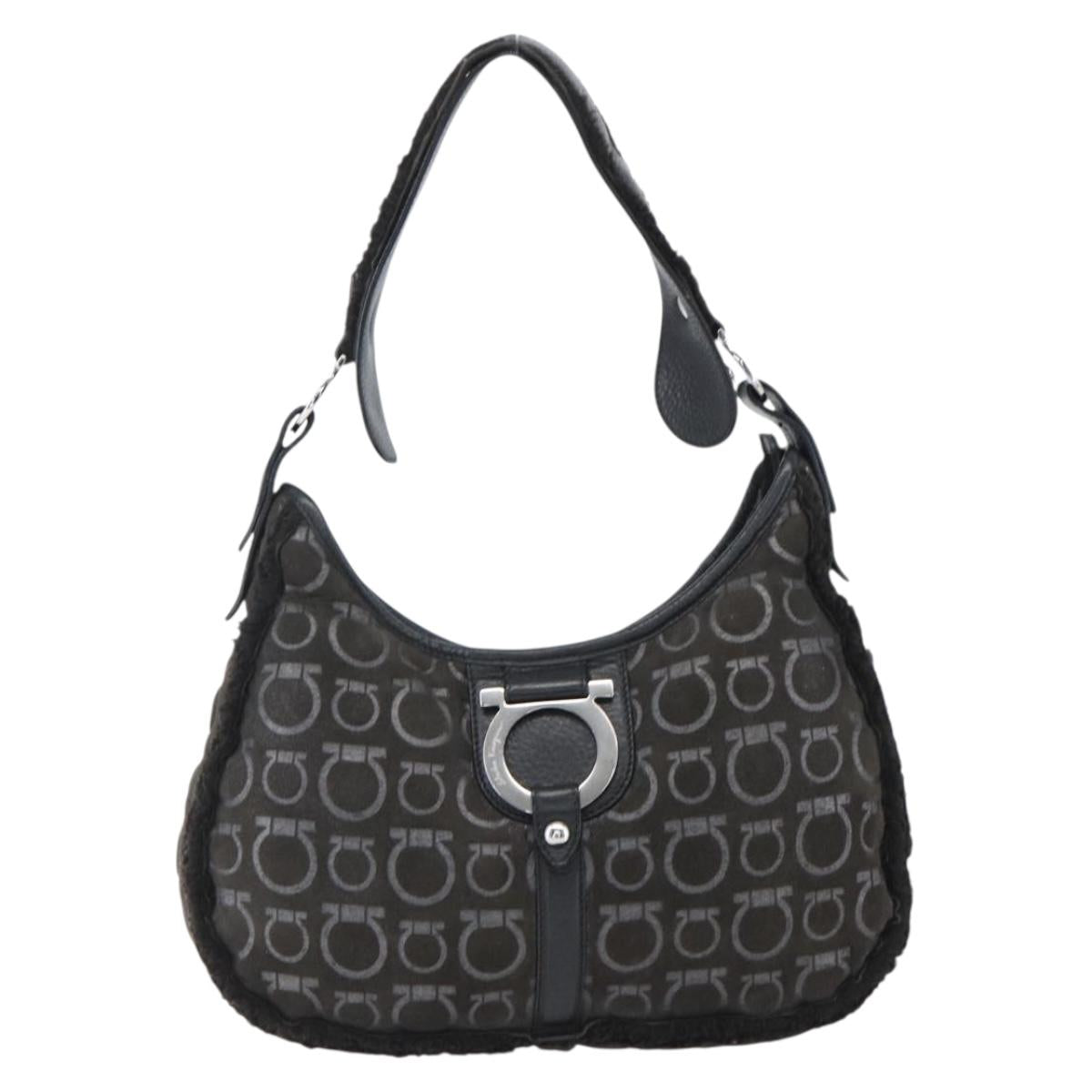 Salvatore Ferragamo Gancini Shoulder Bag cotton Black Silver Auth BA9901V