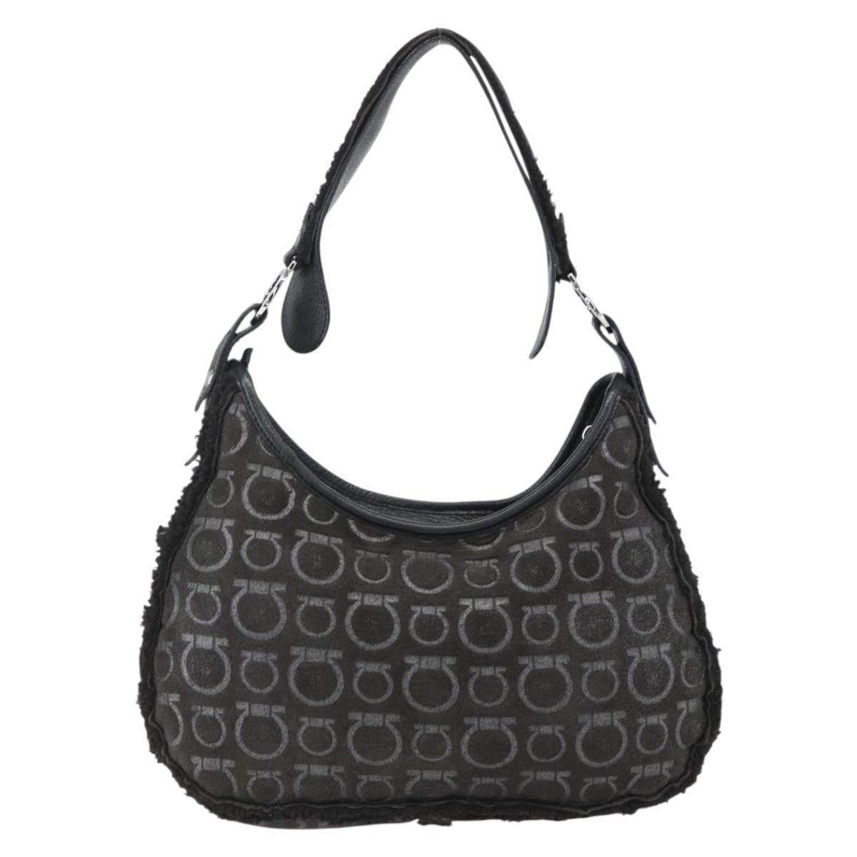Salvatore Ferragamo Gancini Shoulder Bag cotton Black Silver Auth BA9901V