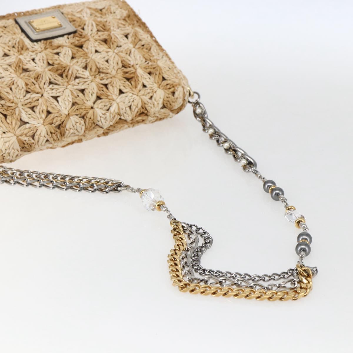 DOLCE&GABBANA Chain Shoulder Bag Raffia Beige Gold Silver Auth BA9904V