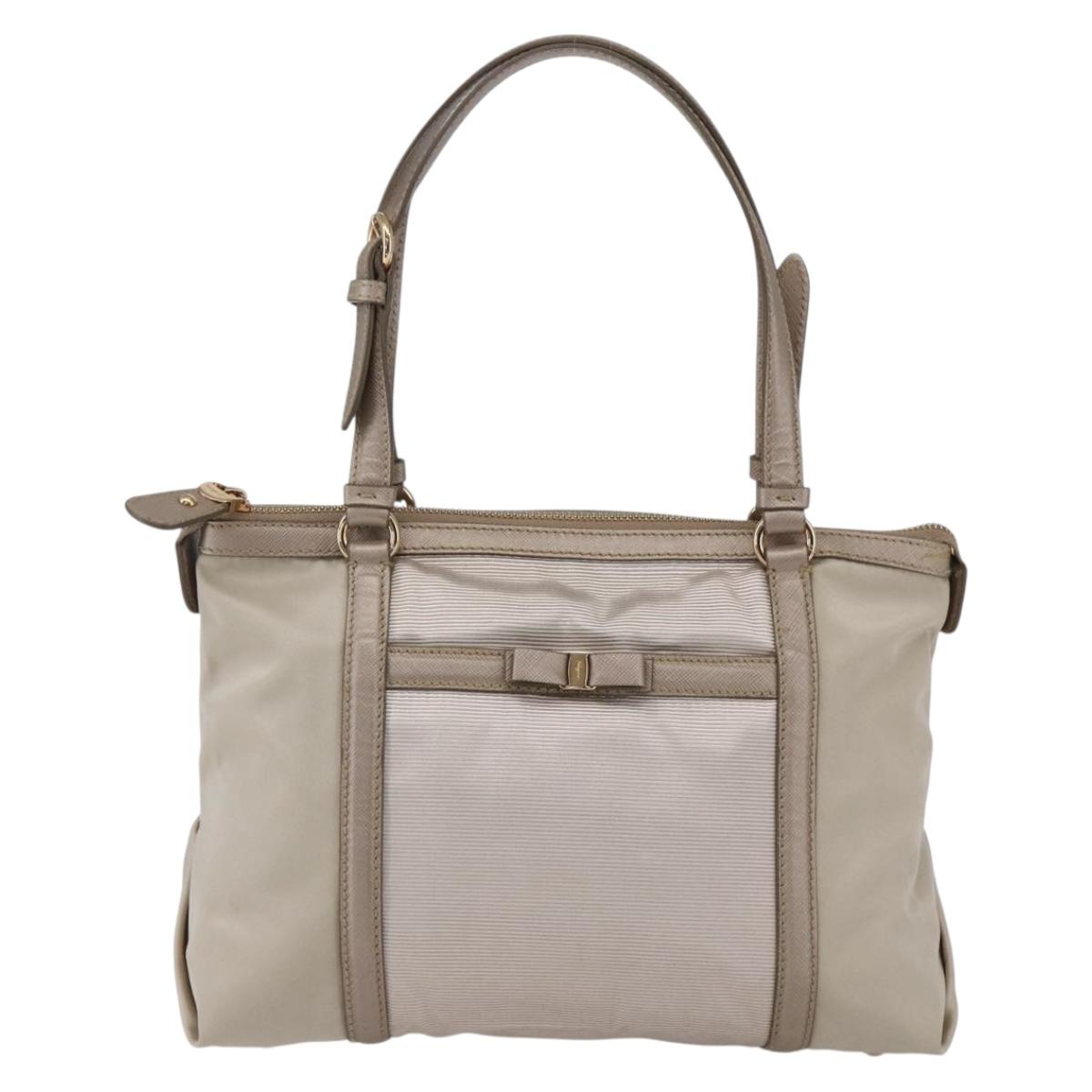 Salvatore Ferragamo Hand Bag Nylon Beige Gold Auth BA9908