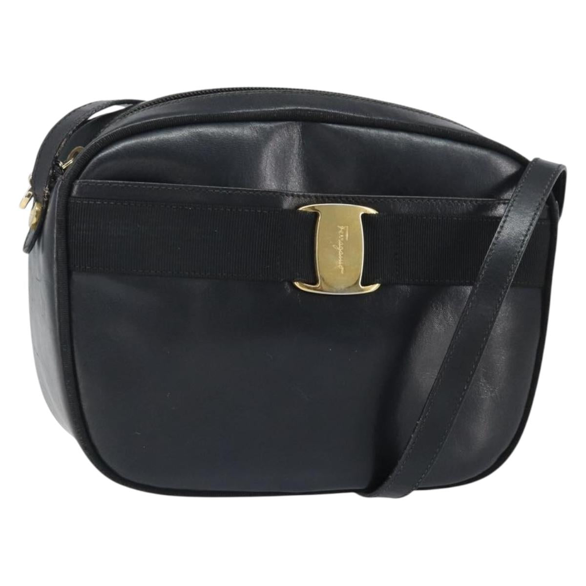 Salvatore Ferragamo Shoulder Bag Leather Black Gold Auth BA9913