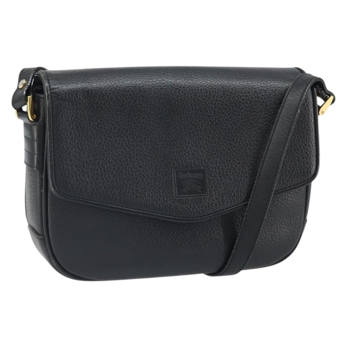 Burberrys Shoulder Bag Leather Black Gold Auth BA9914