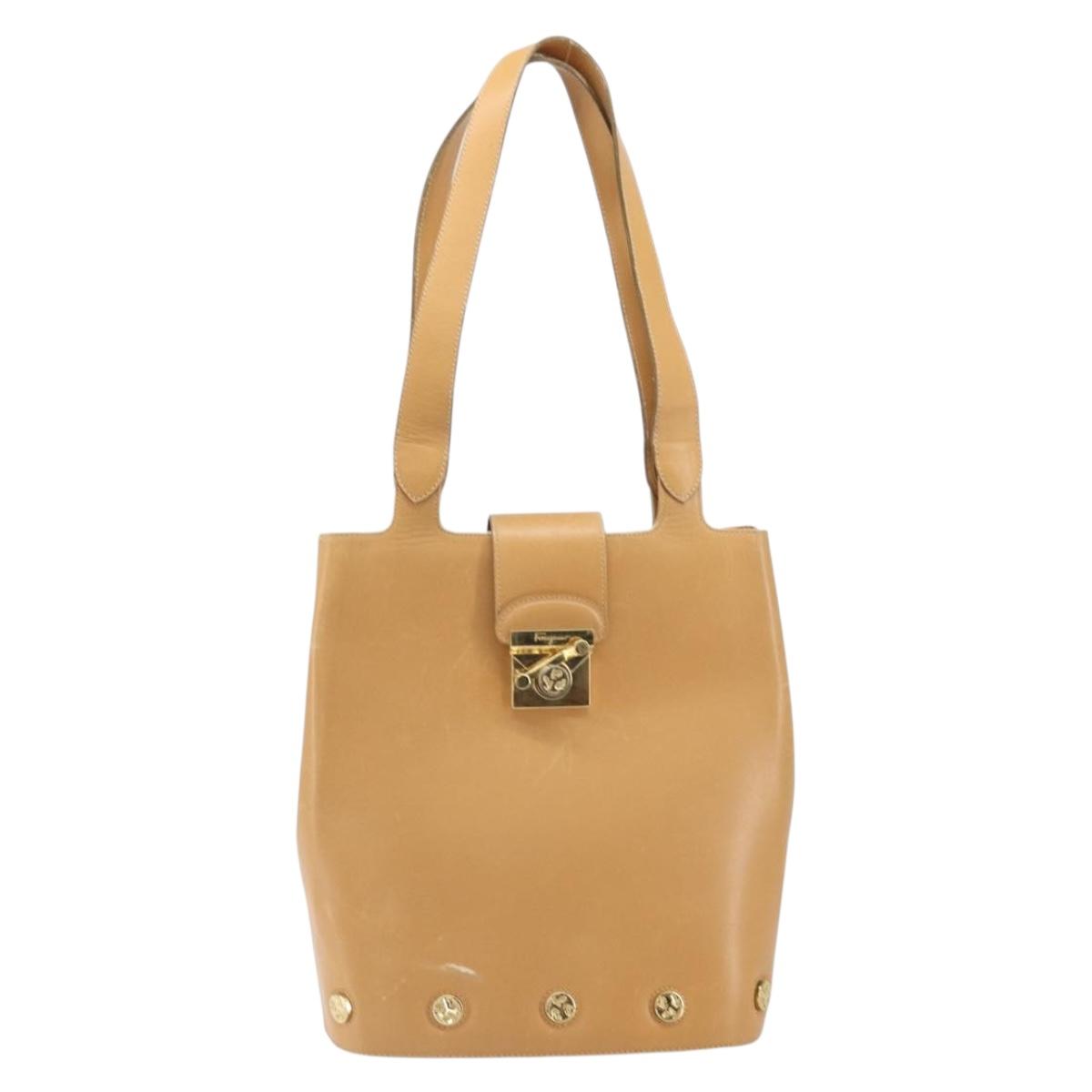 Salvatore Ferragamo Hand Bag Leather Beige Gold Auth BA9917