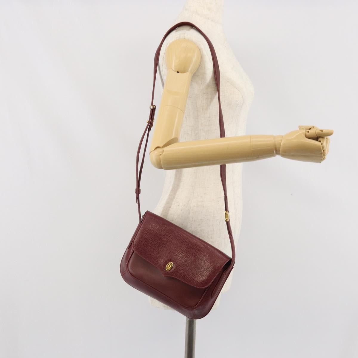 CARTIER Must Line Shoulder Bag Leather Bordeaux Gold Auth BA9920