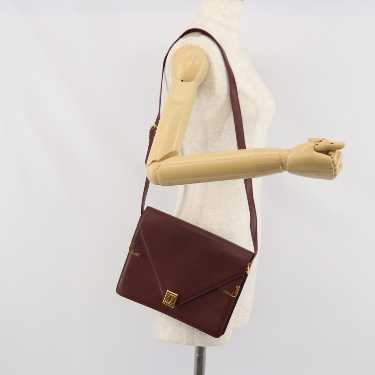 CARTIER Must Line Shoulder Bag Leather Bordeaux Gold Auth BA9921