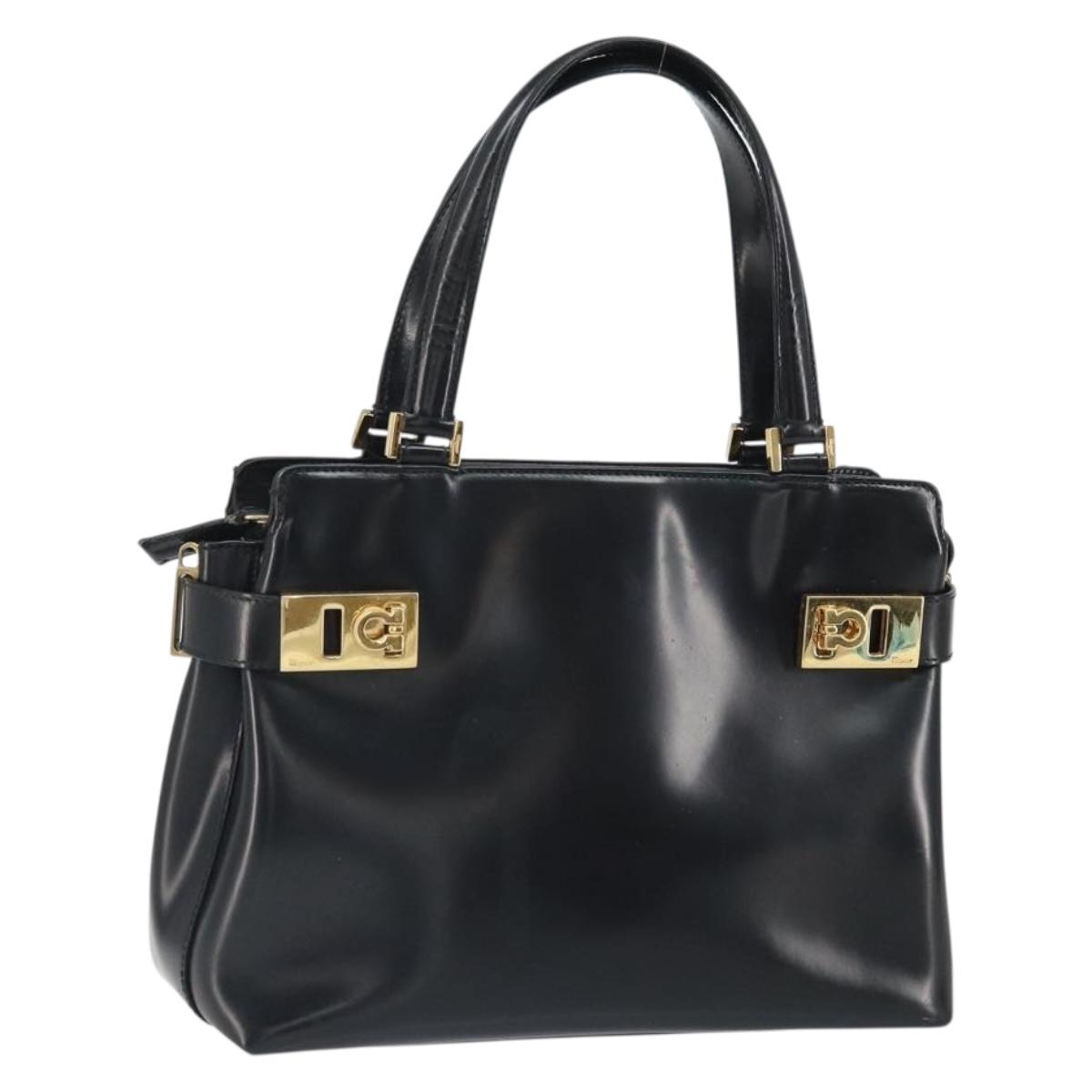 Salvatore Ferragamo Hand Bag Patent leather Black Gold Auth BA9923
