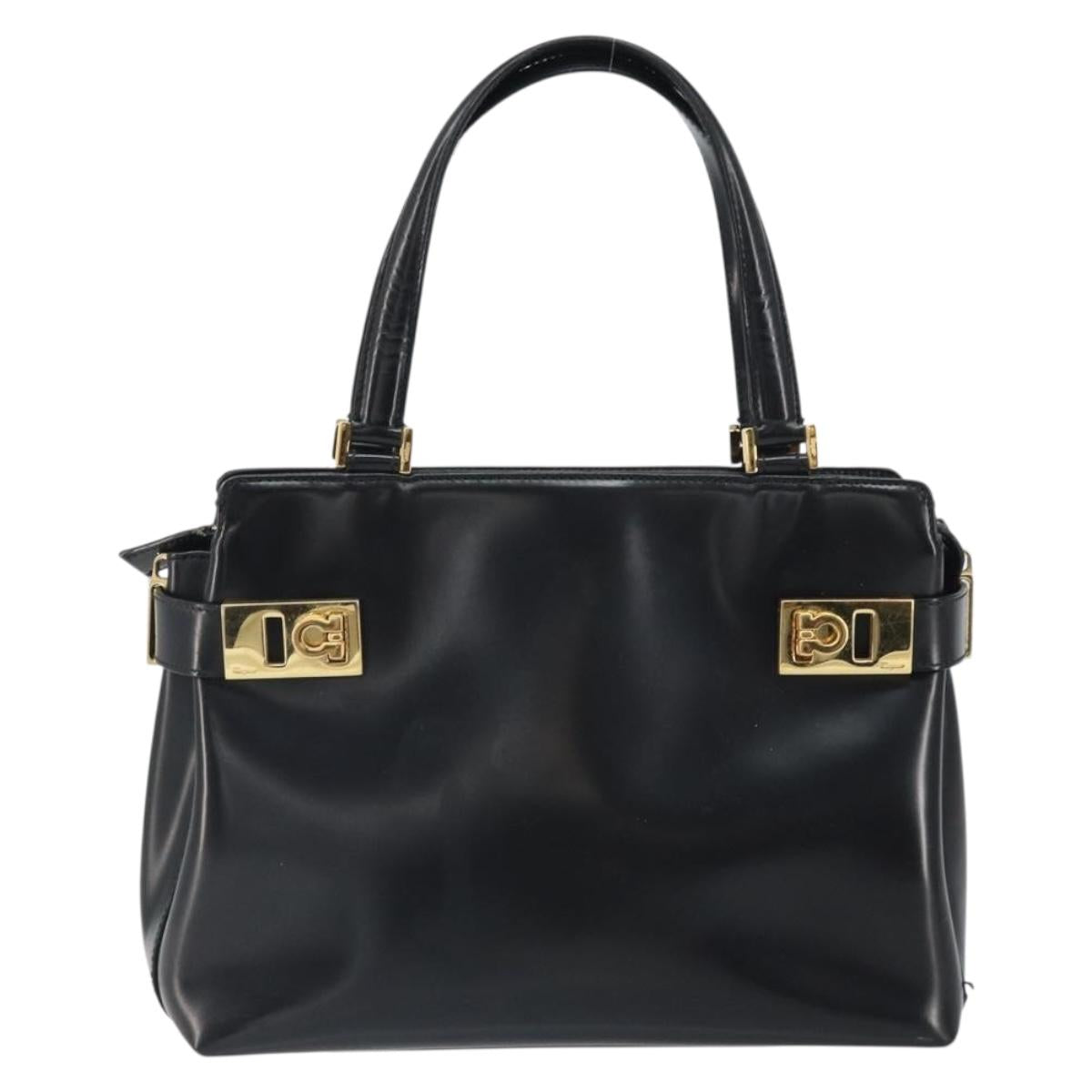 Salvatore Ferragamo Hand Bag Patent leather Black Gold Auth BA9923