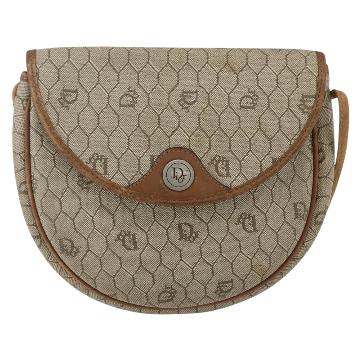 Christian Dior Honeycomb Canvas Shoulder Bag PVC Beige Gold Auth BA9925