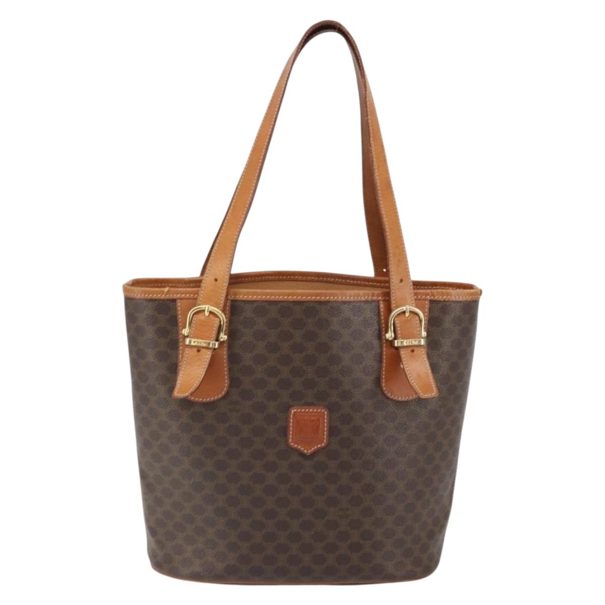 CELINE Macadam Canvas Tote Bag PVC Leather Brown Gold Auth BA9942