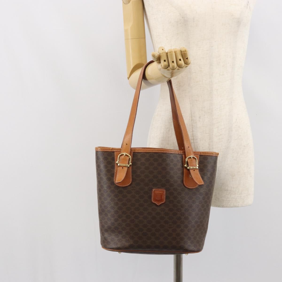 CELINE Macadam Canvas Tote Bag PVC Leather Brown Gold Auth BA9942