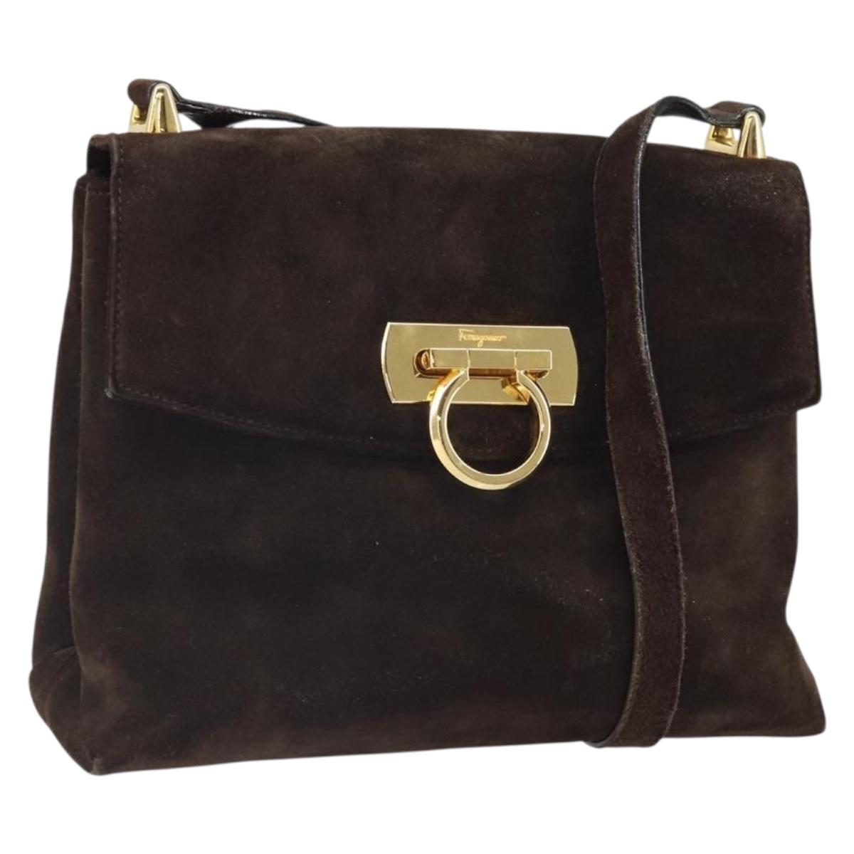 Salvatore Ferragamo Gancini Shoulder Bag Suede Brown Gold Auth BA9944