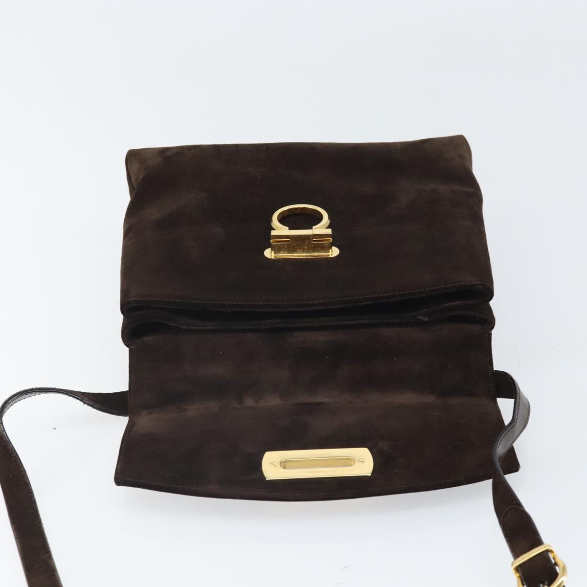 Salvatore Ferragamo Gancini Shoulder Bag Suede Brown Gold Auth BA9944