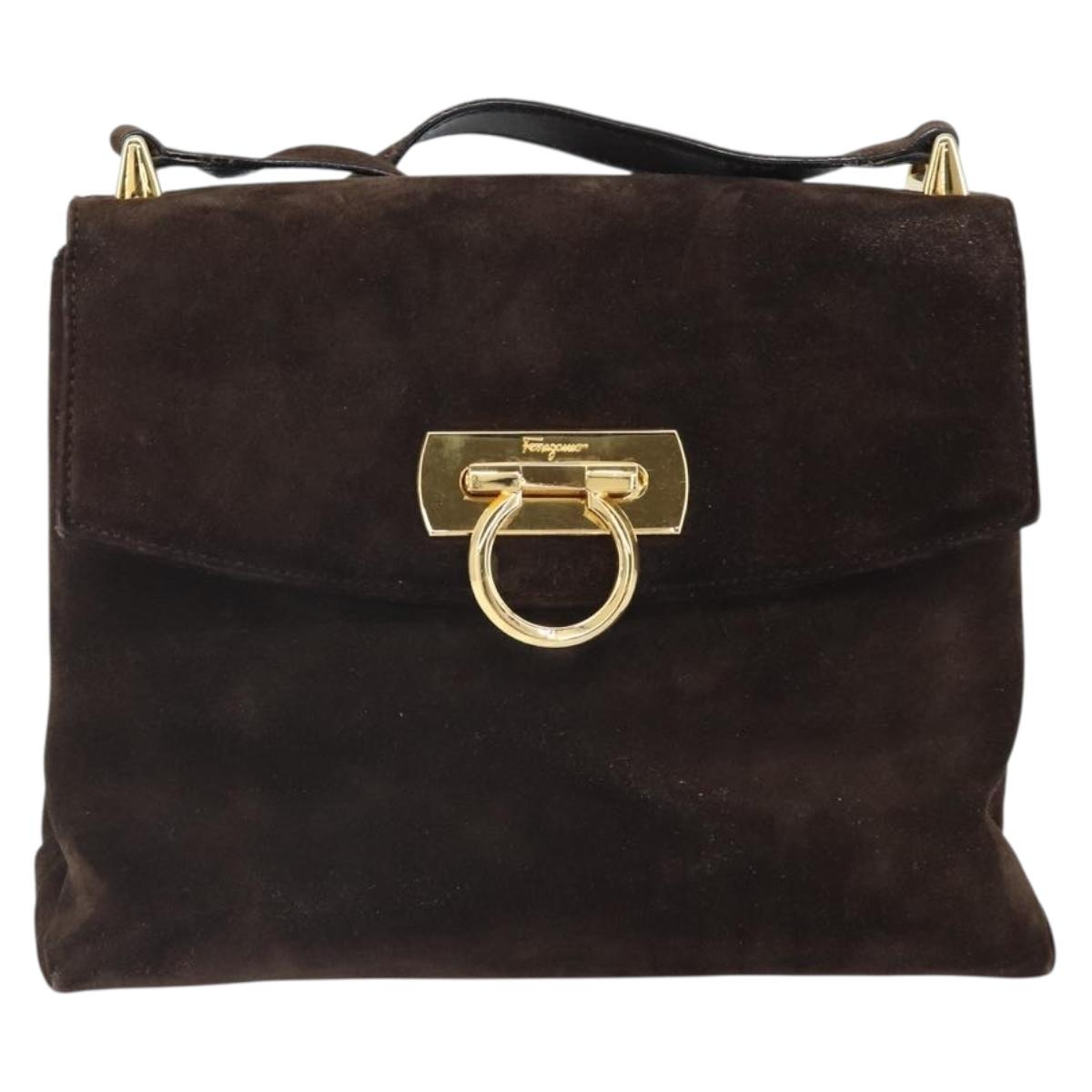 Salvatore Ferragamo Gancini Shoulder Bag Suede Brown Gold Auth BA9944