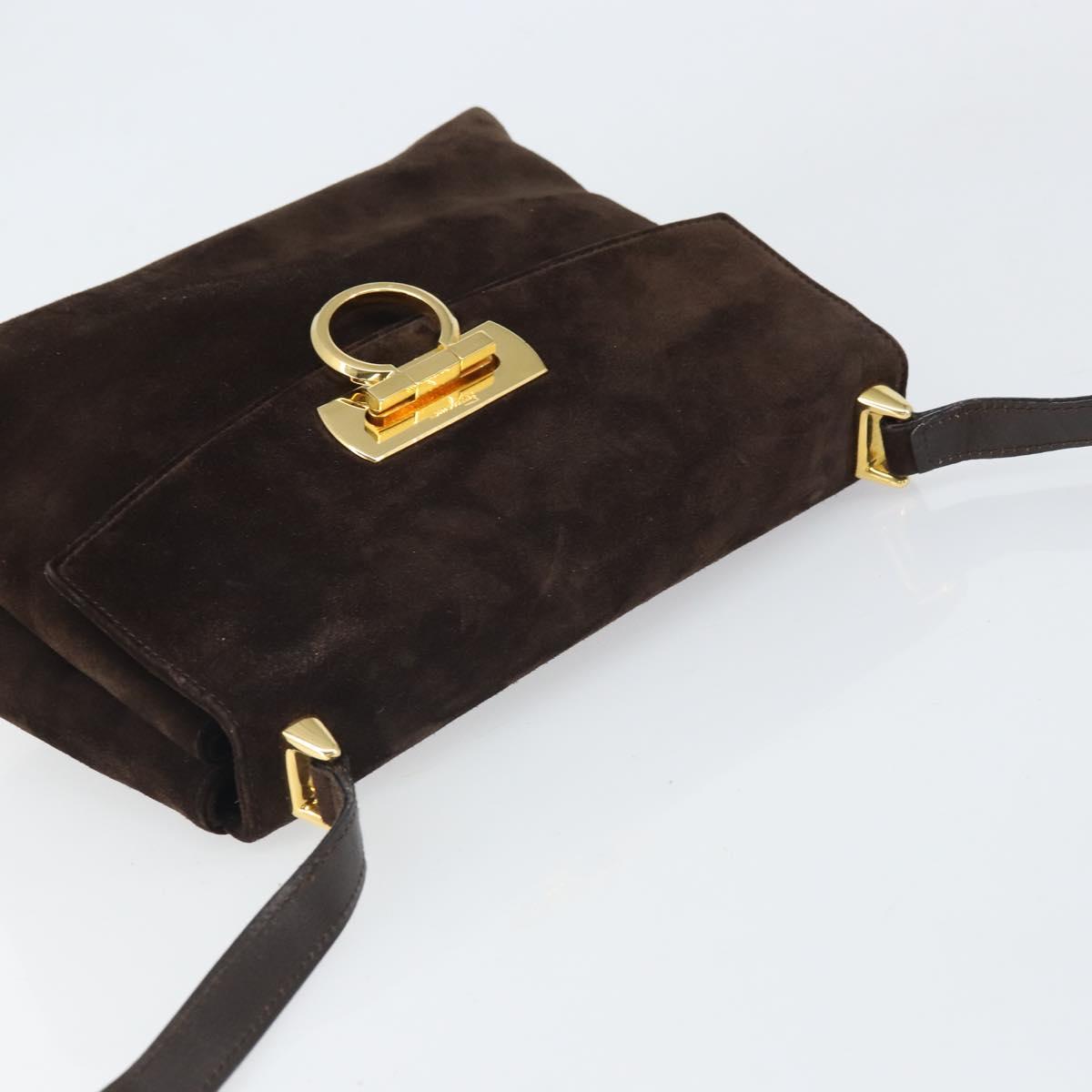 Salvatore Ferragamo Gancini Shoulder Bag Suede Brown Gold Auth BA9944