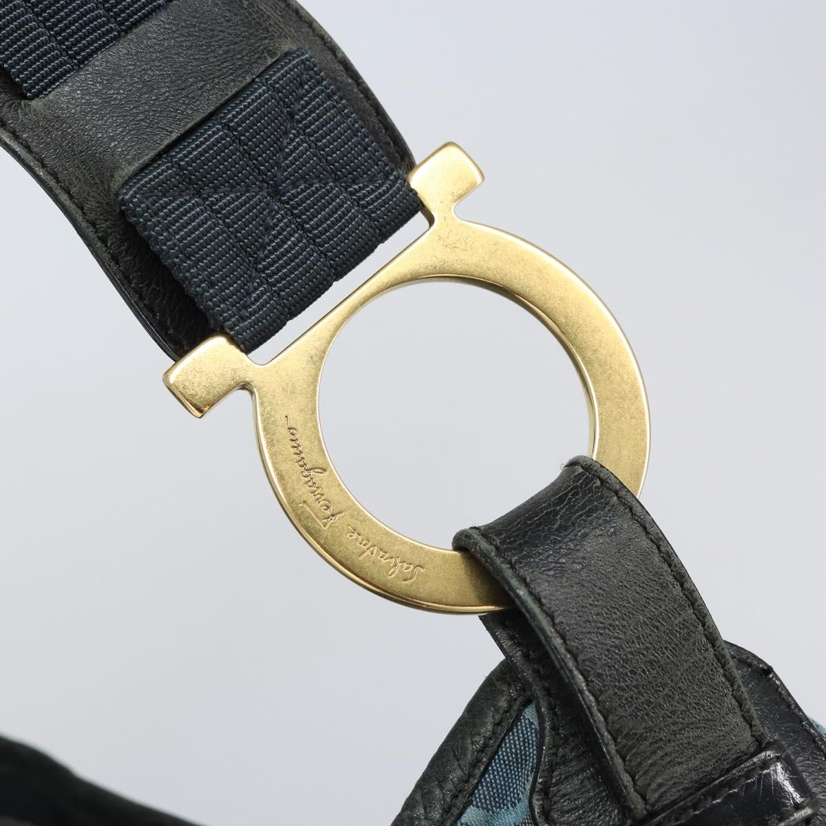 Salvatore Ferragamo Gancini Shoulder Bag Canvas Blue Gold Auth BA9948