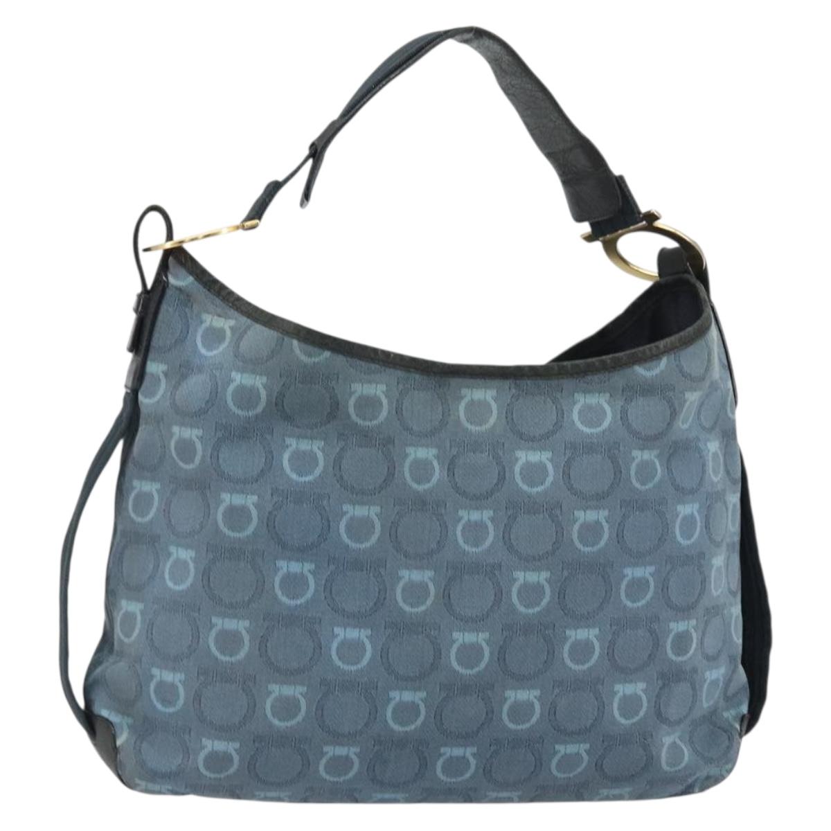 Salvatore Ferragamo Gancini Shoulder Bag Canvas Blue Gold Auth BA9948